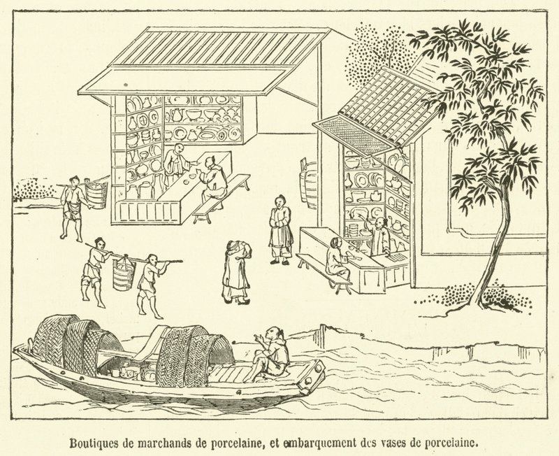 Obchody obchodníků s porcelánem a nalodění porcelánových váz (rytí) od French School