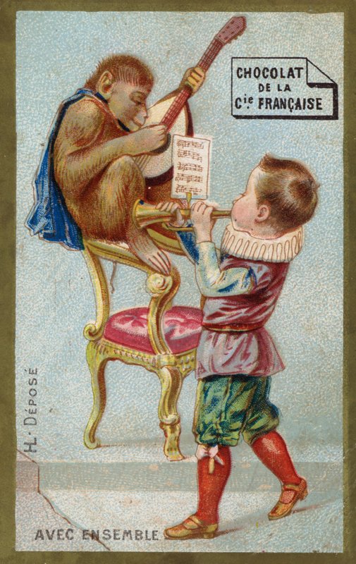 Chlapec a opice spolu hrají na hudební nástroje (chromolitho) od French School