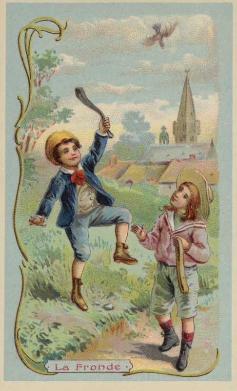 Chlapec zabíjí ptáka prakem od French School