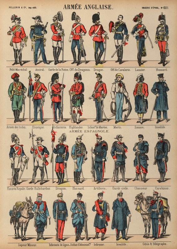 Britské a španělské vojenské uniformy (barevná rytina) od French School