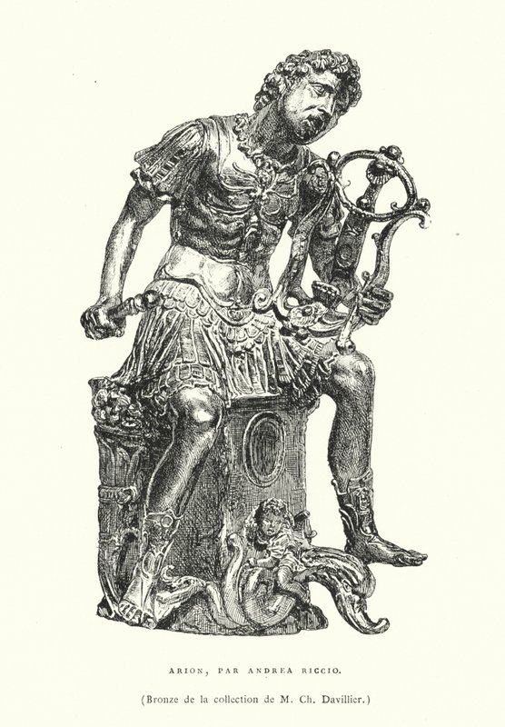 Bronzová postava starověkého řeckého básníka Ariona, od italského renesančního sochaře Andrea Riccia, konec 15. nebo začátek 16. století (rytina) od French School