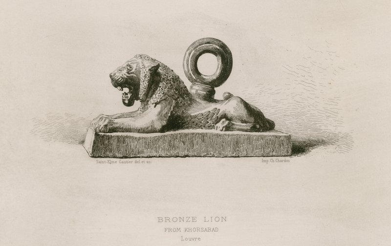 Bronzový lev, z Khorsabad, Louvre (rytina) od French School