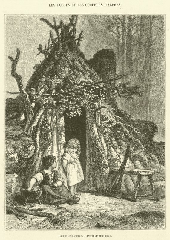 Dřevorubecká chýše (rytina) od French School