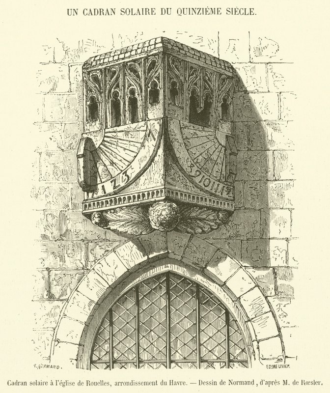 Sluneční hodiny v kostele Rouelles, okres Le Havre (rytina) od French School