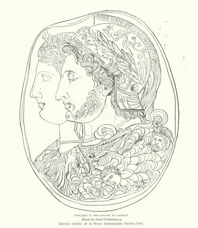 Cameo starověkého egyptského faraona Ptolemaia Philadelpha a jeho manželky Arsinoe, 3. století př. n. l. (rytina) od French School