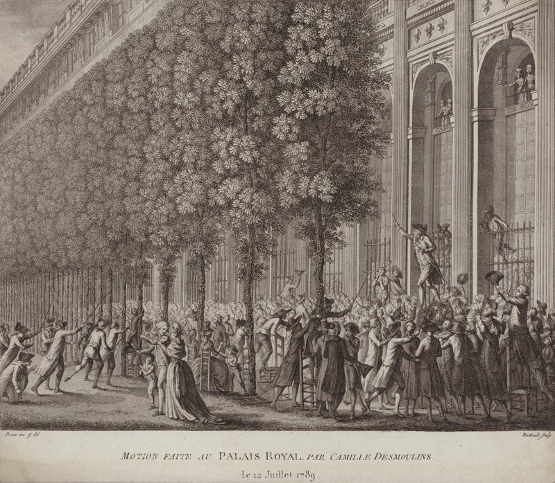 Camille Desmoulinsová doručuje výzvu do zbraně lidem v Palais Royal v Paříži od French School
