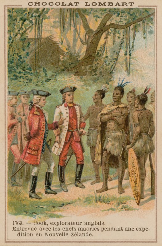 Setkání kapitána Jamese Cooka s maorskými náčelníky na Novém Zélandu, 1769 od French School