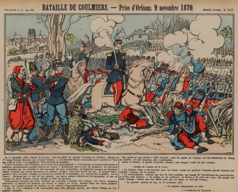 Dobytí Orleans Francouzi po bitvě u Coulmiers, francouzsko-pruská válka, 9. listopadu 1870 (barevná rytina) od French School