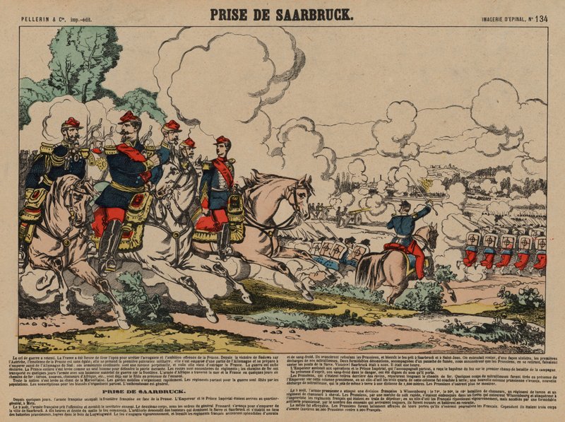 Dobytí Saarbrucken Francouzi, francouzsko-pruská válka, 2. srpna 1870 (barevná rytina) od French School