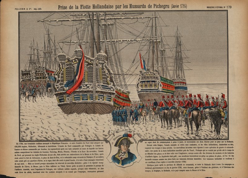 Zajetí nizozemské flotily na zamrzlém Ijsselmeeru francouzskými husary pod velením generála Pichegru, leden 1795 (barevná rytina) od French School