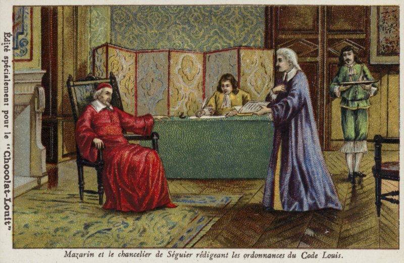 Kardinál Mazarin a kancléř Seguier při přípravě nařízení Code Louis od French School