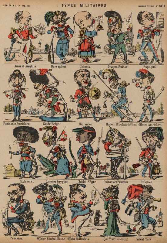 Karikatury vojenských postav (barevná rytina) od French School