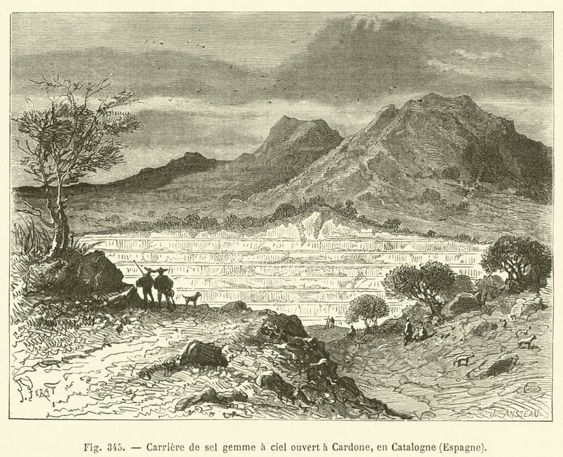 Otevřený kamenný solný lom v Cardone, Katalánsko, Španělsko (rytina) od French School