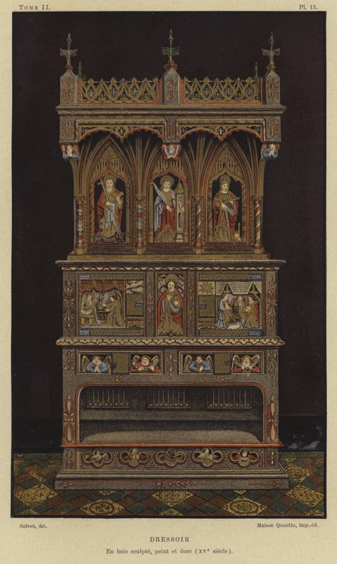 Vyřezávaná, malovaná a zlacená dřevěná komoda, 15. století od French School