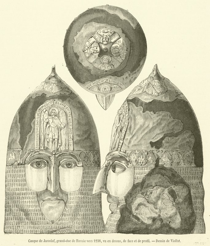 Přilba Jaroslava, velkovévody ruského kolem roku 1238, pohled shora, zepředu a z profilu (rytina) od French School