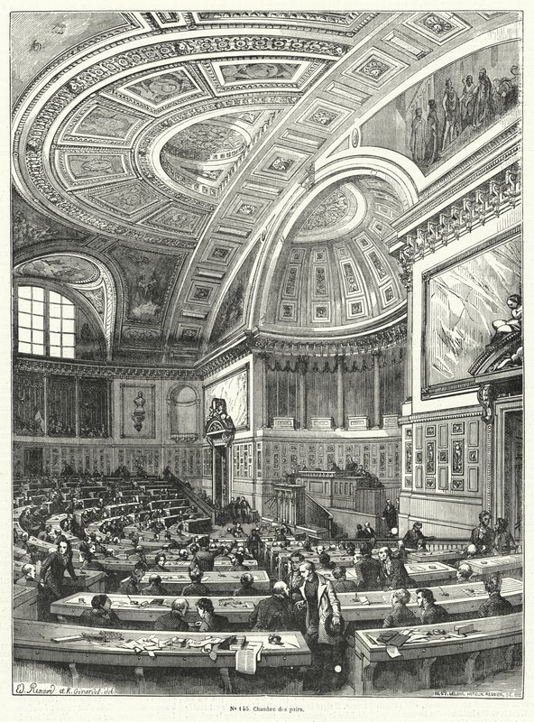 Chambre des Pairs (Chamber of Peers), horní komora francouzského parlamentu od roku 1814 až do jeho zrušení po revoluci v roce 1848 (rytina) od French School