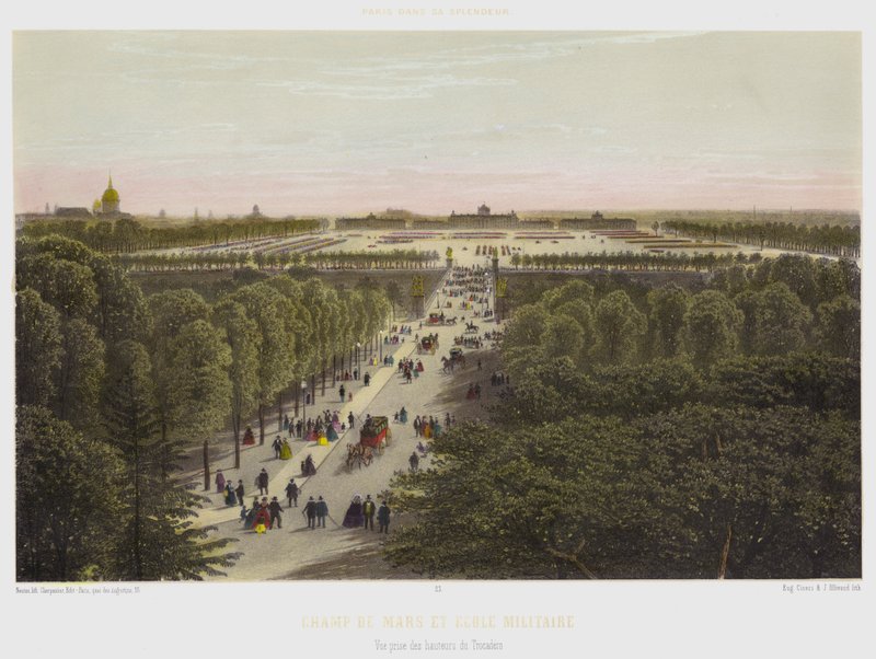 Champ De Mars a vojenská škola, pohled z výšky Trocadero (barevné lito) od French School