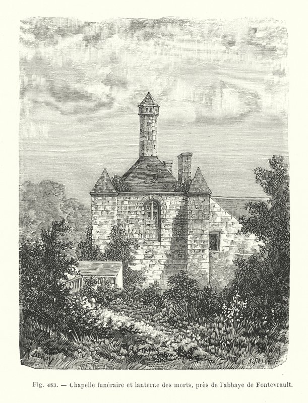 Pohřební kaple a lucerna mrtvých, poblíž opatství Fontevrault (rytina) od French School