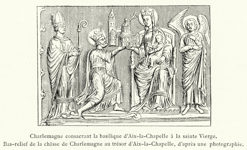 Karel Veliký zasvěcující baziliku Aix-la-Chapelle Nejsvětější Panně, basreliéf honby Karla Velikého za pokladnicí Aix-la-Chapelle (rytina) od French School