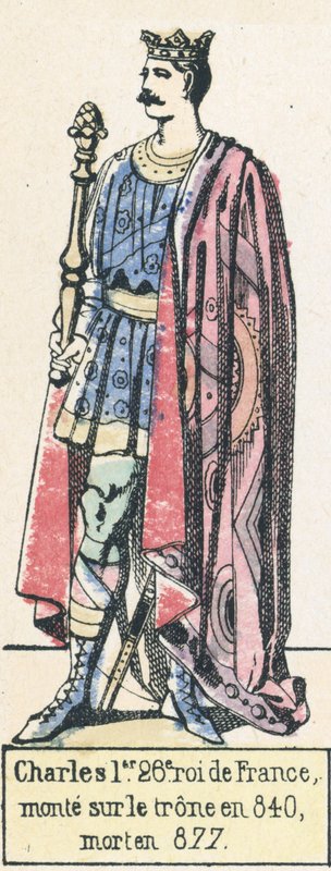 Karel 1., 26. král Francie, nastoupil na trůn v roce 840, zemřel v roce 877 (barevná rytina) od French School