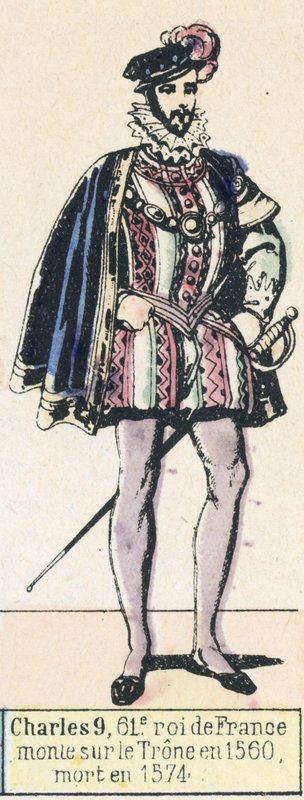 Karel 9, 61. francouzský král, nastoupil na trůn v roce 1560, zemřel v roce 1574 (barevná rytina) od French School