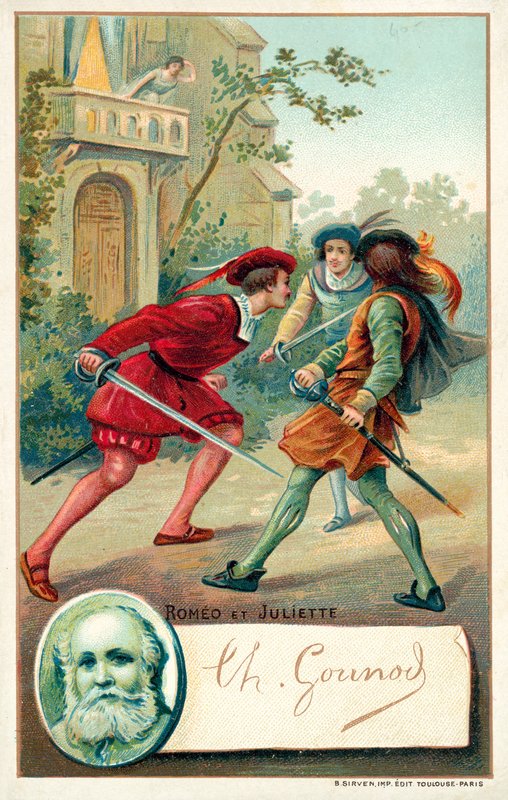 Charles Gounod, francouzský skladatel, a scéna z jeho opery Romeo et Juliette (chromolitho) od French School
