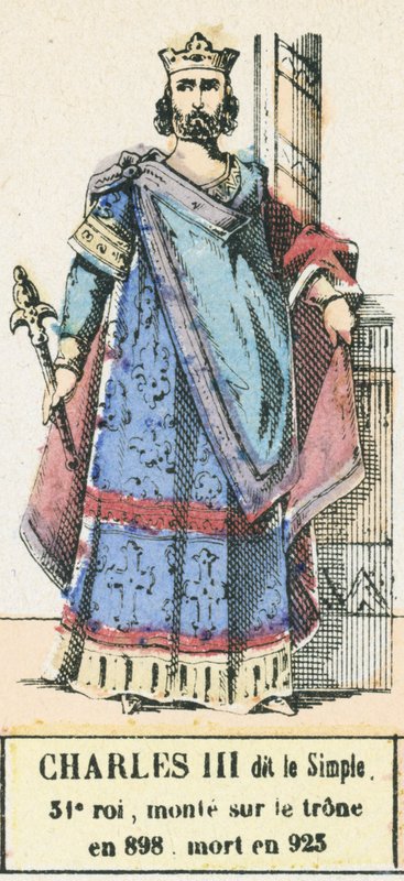 Karel III. dit le Simple, 31. král, nastoupil na trůn roku 898, zemřel roku 923 (barevná rytina) od French School