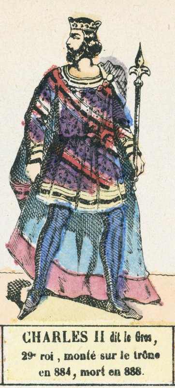 Karel II. dit le Gros, 29. král, nastoupil na trůn roku 884, zemřel roku 888 (barevná rytina) od French School