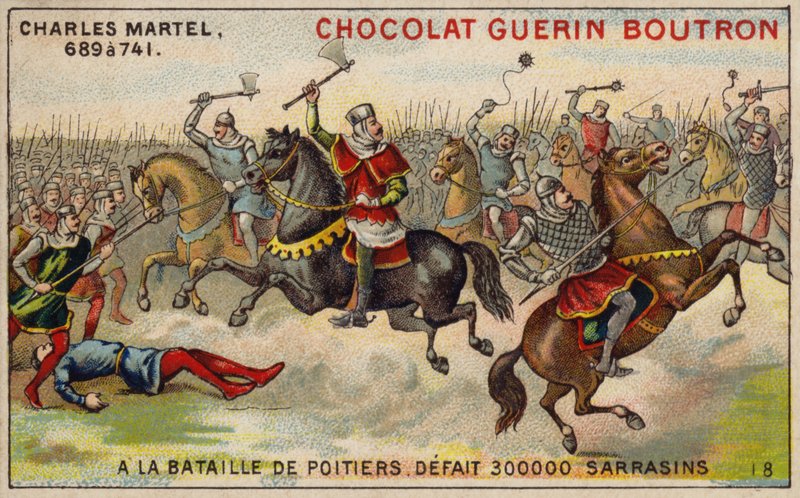 Charles Martel porazil armádu 300 000 Saracénů v bitvě u Poitiers, 732 (chromolitho) od French School