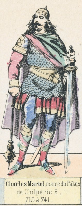 Charles Martel, starosta paláce, Chilperic 2, 715 a 741 (barevná rytina) od French School