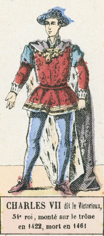 Karel VII. zvaný Vítězný, 54. král, nastoupil na trůn roku 1422, zemřel roku 1461 (barevná rytina) od French School