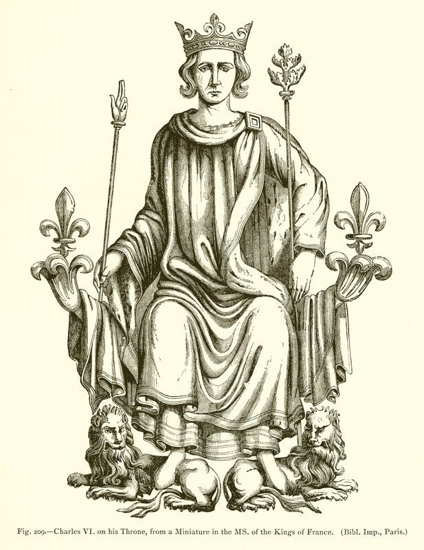 Karel VI. na svém trůnu, z miniatury v čs. francouzských králů od French School