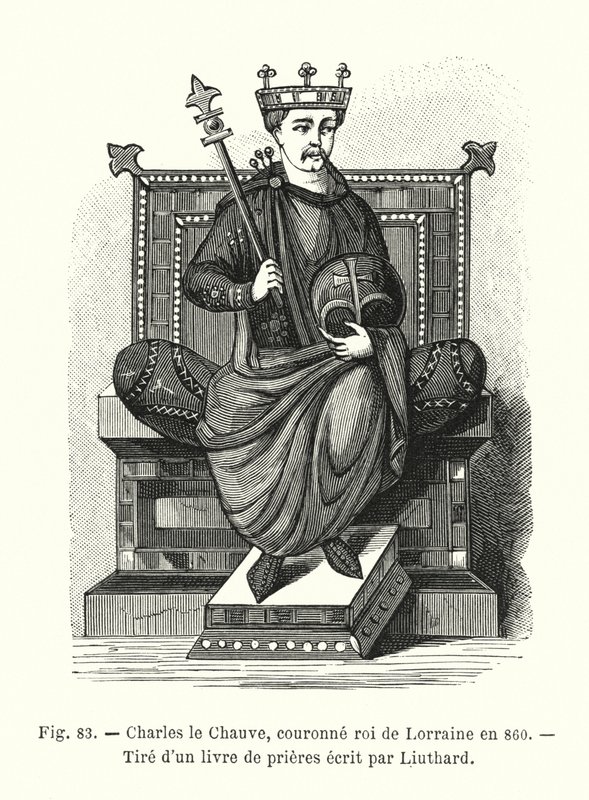 Karel Plešatý, korunovaný králem Lotrinska v roce 860, Z modlitební knihy napsané Liuthardem (rytina) od French School