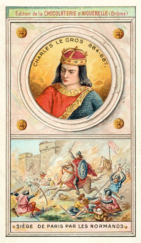 Karel Tlustý a obléhání Paříže Vikingy, 885-886 (chromolitho) od French School