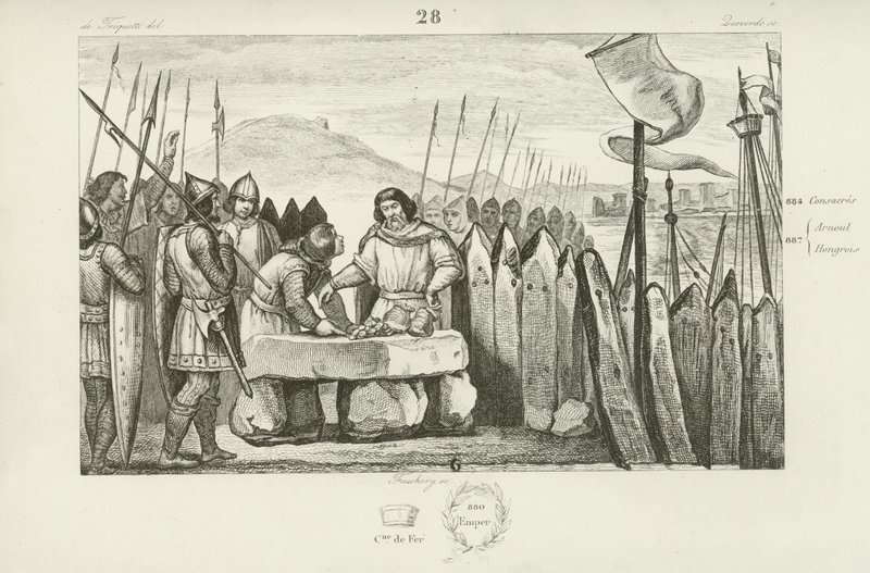 Charles Tlustý zaplatí Vikingům 700 kousků stříbra, aby opustili své obléhání Paříže, 886 od French School