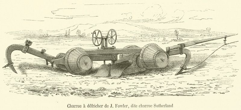 J Fowlerův čistící pluh, zvaný Sutherland pluh (rytina) od French School