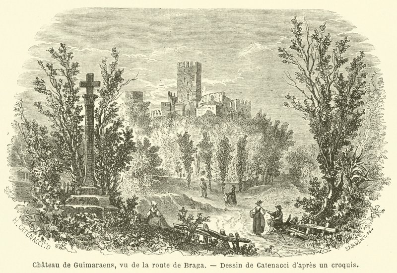Chateau de Guimaraens, při pohledu ze silnice do Bragy (rytina) od French School