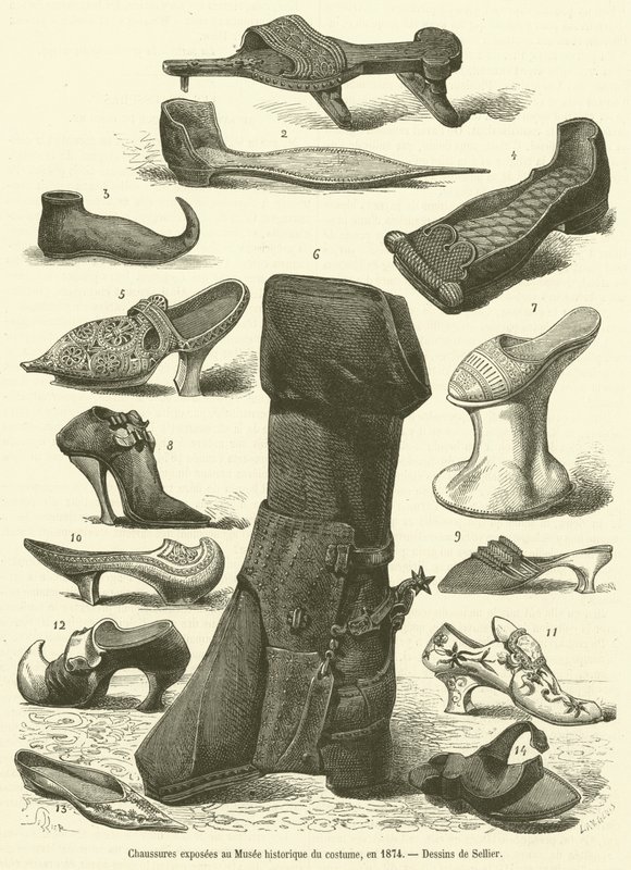 Boty vystavené v Muzeu historických kostýmů v roce 1874 (rytina) od French School