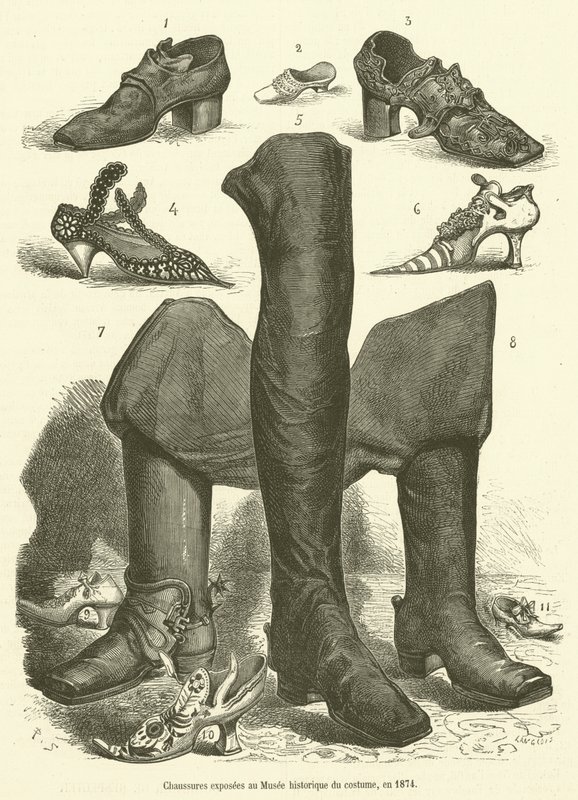 Boty vystavené v Muzeu historických kostýmů v roce 1874 (rytina) od French School