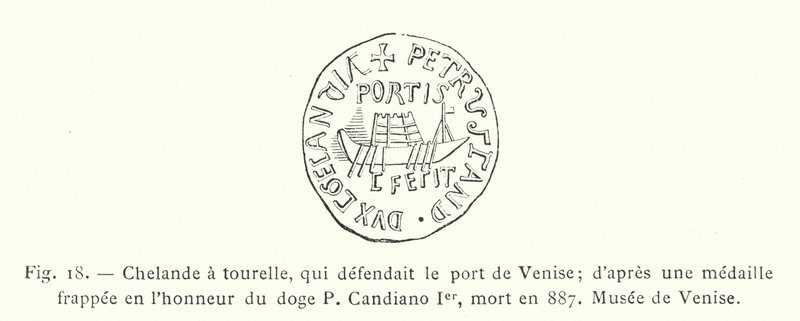 Chelande s věžičkou, která bránila benátský přístav; z medaile vyražené na počest dóžete P Candiana I., který zemřel v roce 887, Muzeum Benátek (rytina) od French School