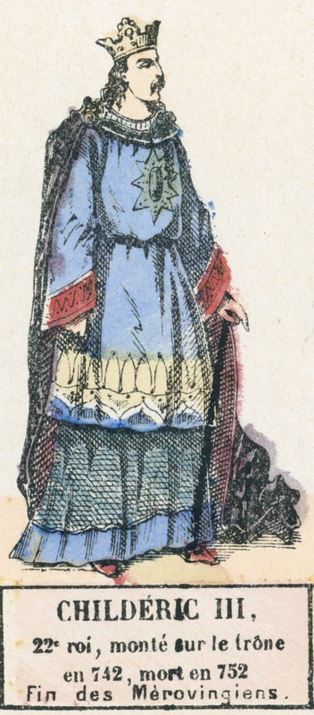 Childeric III., 22. král, nastoupil na trůn v roce 742, zemřel v roce 752, Konec Merovejců (barevná rytina) od French School