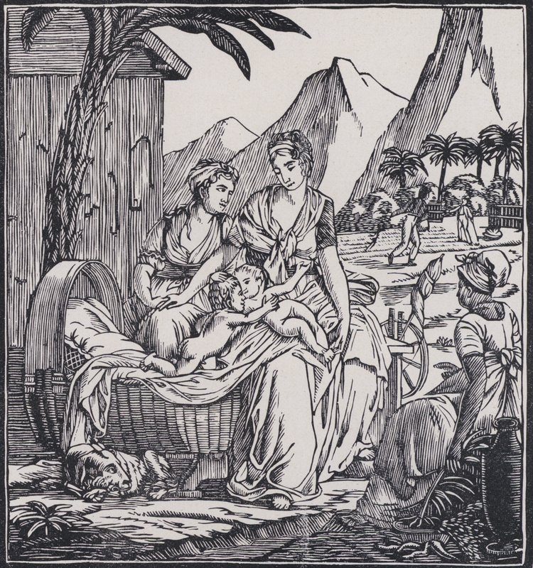 Dětství Paula a Virginie, scéna z románu Paul a Virginie francouzského spisovatele Jacquese-Henriho Bernardina de Saint-Pierre (litografie) od French School