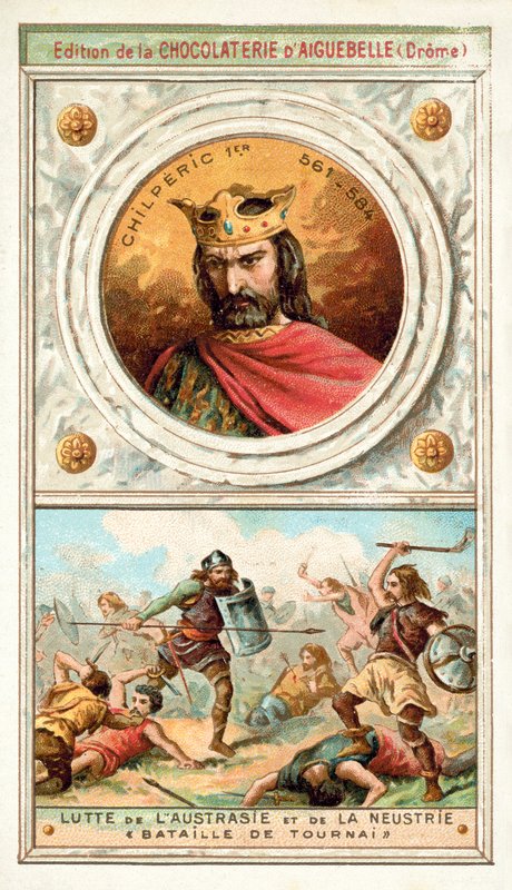 Chilperic I a boj mezi Austrasií a Neustrií v bitvě u Tournai, 6. století (chromolitho) od French School