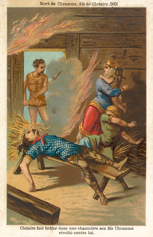 Chlothar I., král Franků, upálil svého rebelského syna Chrama a jeho rodinu, 560 (chromolitho) od French School