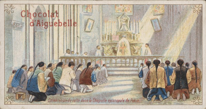 Křesťané uctívající v biskupské kapli v Pekingu (chromolitho) od French School