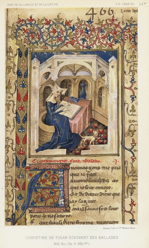Christine De Pisan píše své balady (barevná litografie) od French School