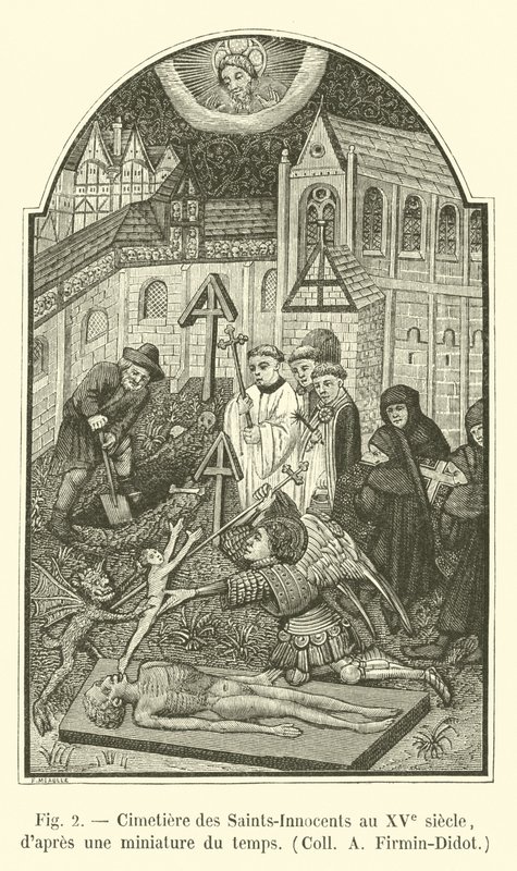 Hřbitov svatých-Nevinných v 15. století, z tehdejší miniatury, Coll A Firmin-Didot od French School