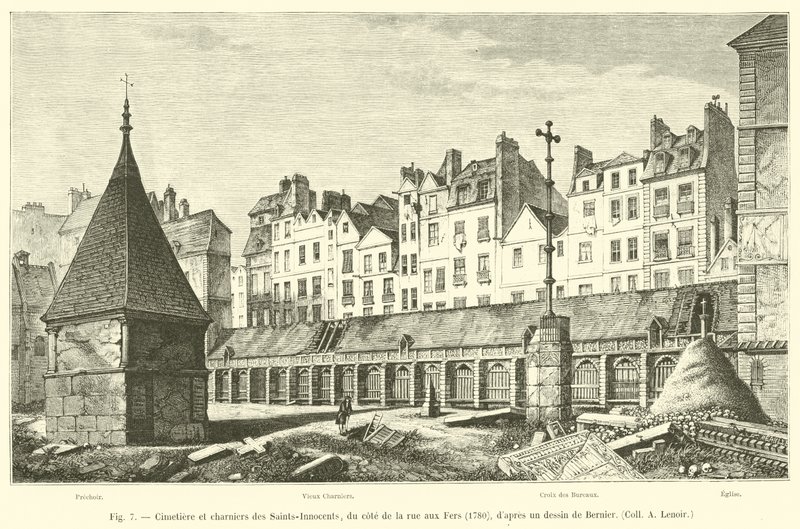 Hřbitov a hromadné hroby Saints-Innocents, na straně rue aux Fers, 1780, podle kresby Berniera, Coll A Lenoir od French School