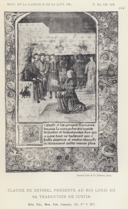 Claude De Seyssel představuje králi Ludvíku XII. svůj překlad Justina (litho) od French School