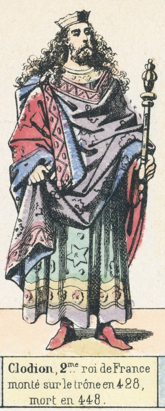 Clodion, 2. král Francie, nastoupil na trůn roku 428, zemřel roku 448 (barevná rytina) od French School